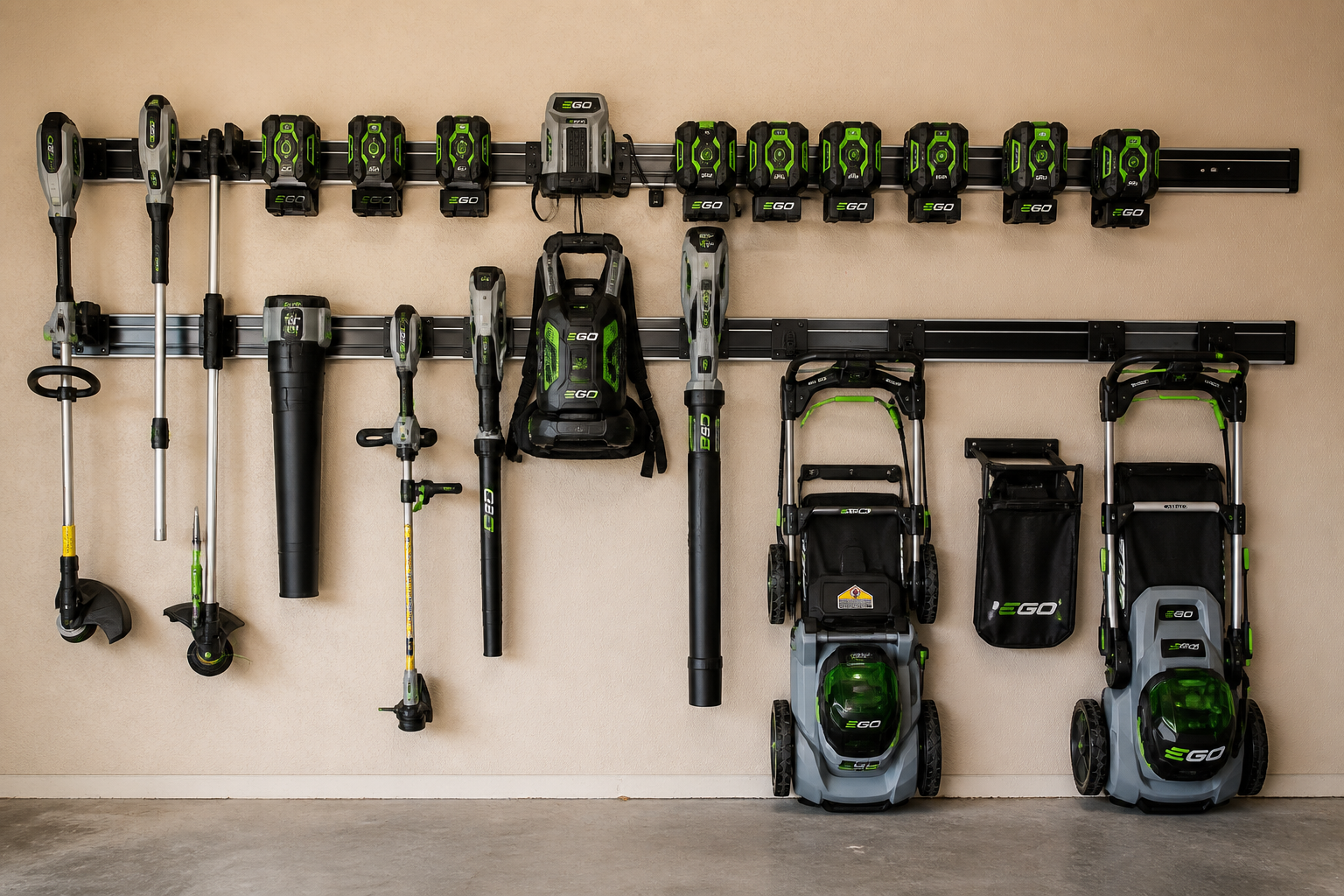 Turf Minders battery-powered EGO outdoor equipment organized on a wall